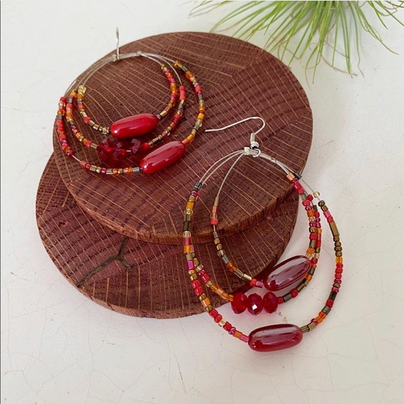 Pretty Red & Orange Handmade Beaded Earrings - Picture 2 of 5
